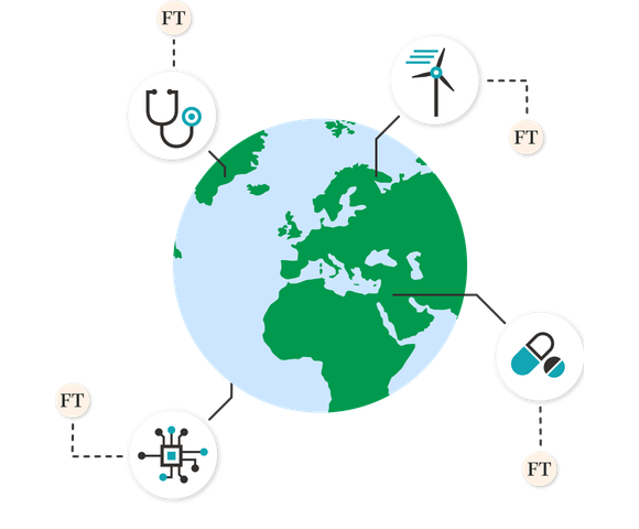 An animation of the world showing examples of the type of corporate enterprises that subscribe to the Financial Times