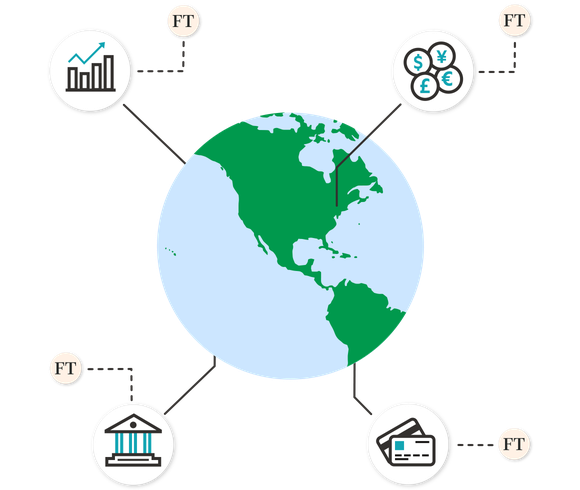 An animation of the world showing examples of the type of financial services organisations that subscribe to the Financial Times