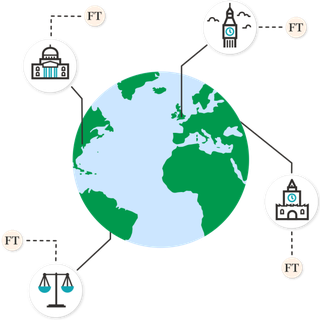 An animation of the world showing examples of the type of government institutions that subscribe to the Financial Times