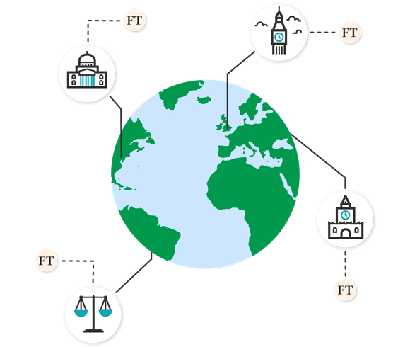 An animation of the world showing examples of the type of government institutions that subscribe to the Financial Times