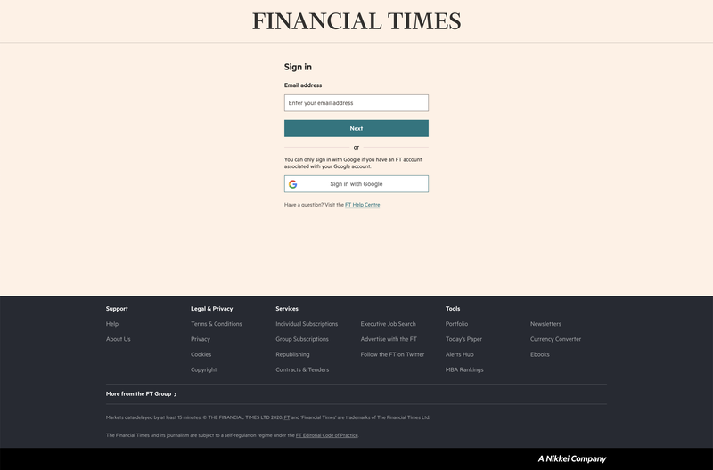 FT website login page