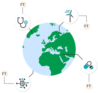 An animation of the world showing examples of the type of corporate enterprises that subscribe to the Financial Times